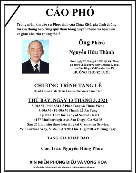 Phero Nguyen Huu Thanh Obituary San Diego CA Cali Home